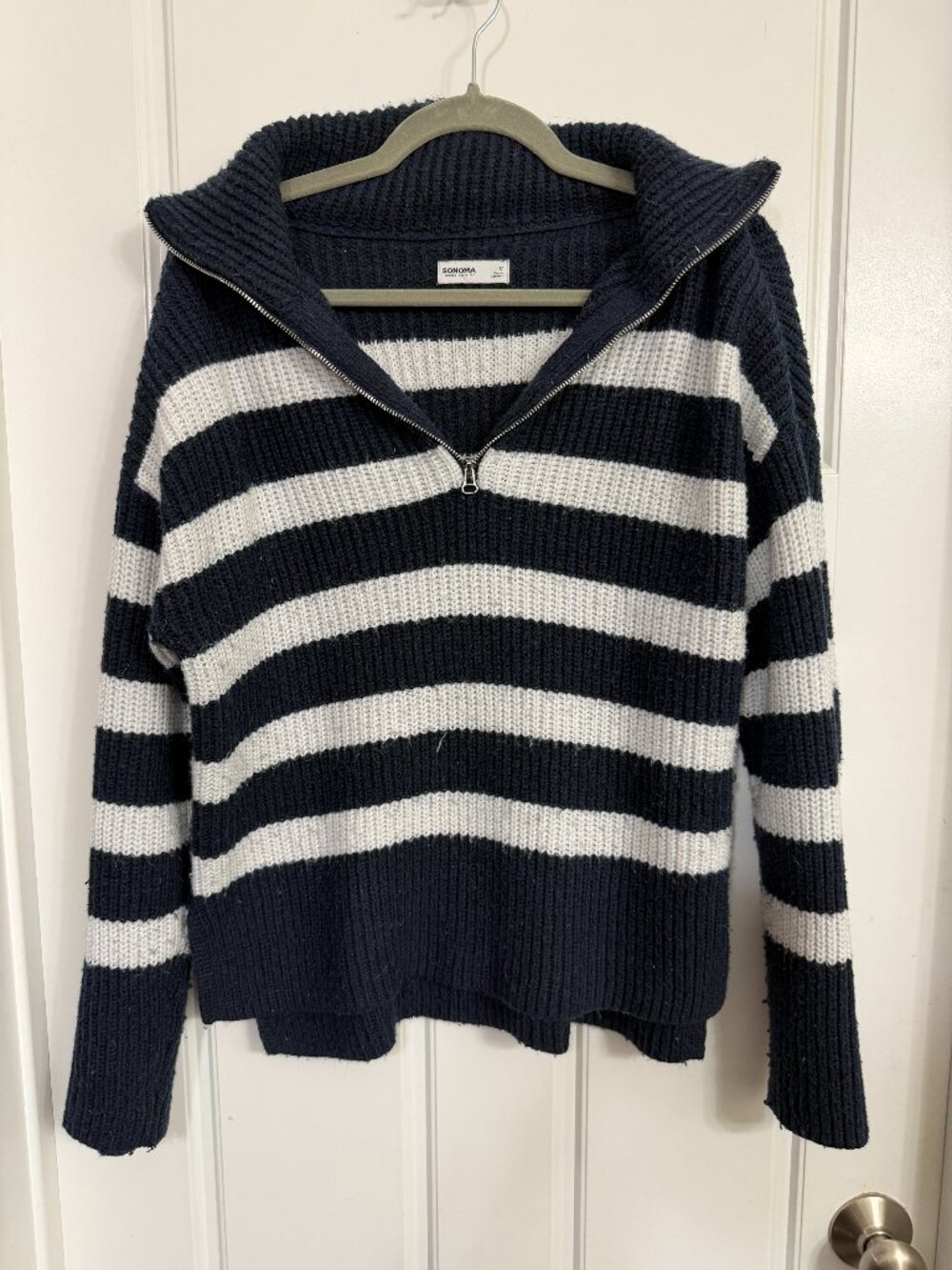 Sonoma Striped Half Zip Sweater Size M Navy White Chunky Knit Pullover
